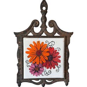 Vintage Orange, Red, Pink Daisy Flower Ceramic Tile Cast Iron Trivet